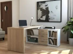 Bureau D'angle Avec Rangements ALDRIC III - Blanc & Chêne