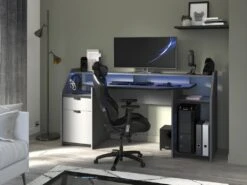 Bureau Gamer MOBA - Avec Rangements - LEDs - Gris