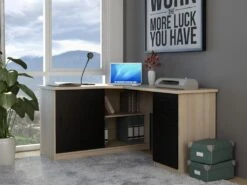Bureau D'angle NORWY - 2 Portes & 2 Tiroirs - Chêne Et Noir