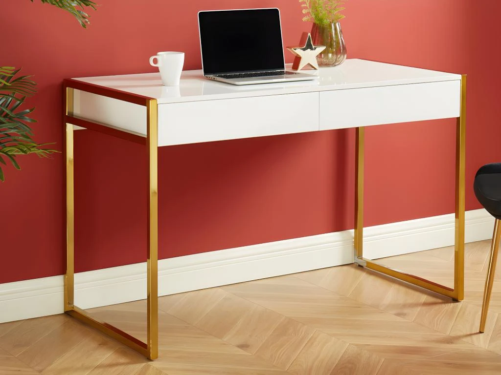 Bureau Avec 2 Tiroirs - MDF Laqué Et Métal - Blanc Et Doré - MASON De Pascal Morabito – Image 2