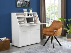 Secrétaire BAGUA - 2 Portes Et 2 Tiroirs - MDF - Blanc Laqué