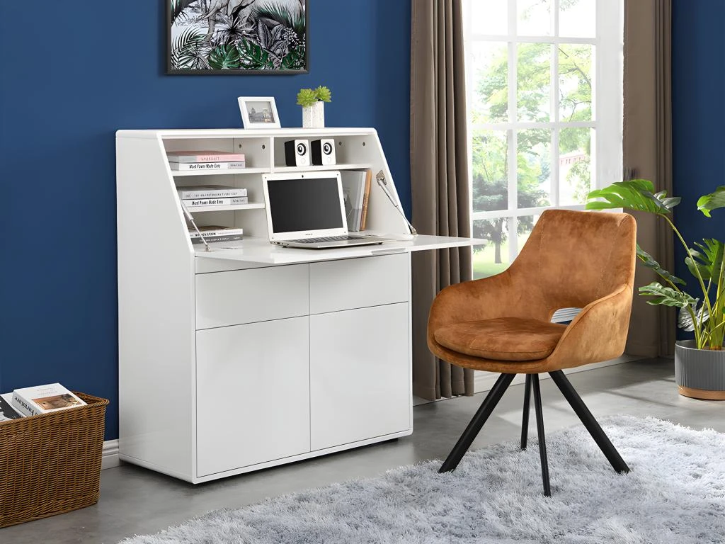 Secrétaire BAGUA - 2 Portes Et 2 Tiroirs - MDF - Blanc Laqué