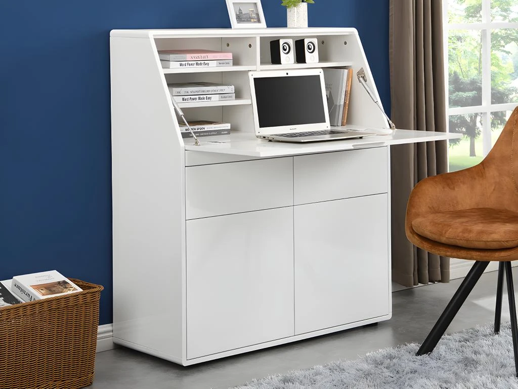 Secrétaire BAGUA - 2 Portes Et 2 Tiroirs - MDF - Blanc Laqué – Image 2