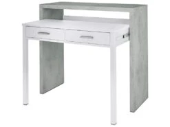 Table Console Billings, Bureau Avec Plateau Extensible, Bureau PC Avec 2 Tiroirs, 99x36h88 Cm, Ciment Et Blanc