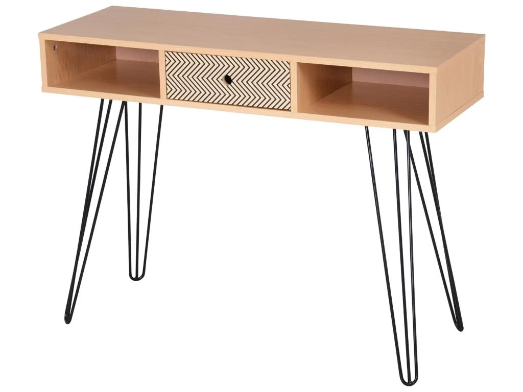 Table D'appoint Console Design Scandinave Graphique Dim. 100L X 35l X 75H Cm 2 Niches Tiroir Pieds Effilés Acier Noir Panneaux Particules Chêne – Image 2