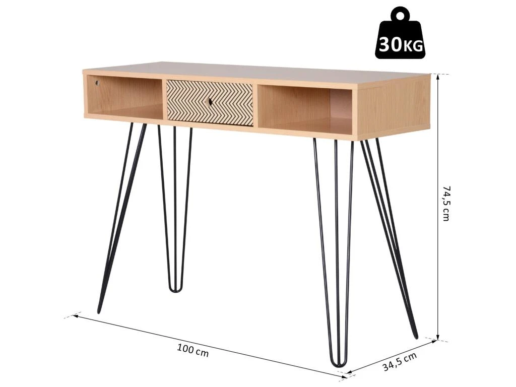 Table D'appoint Console Design Scandinave Graphique Dim. 100L X 35l X 75H Cm 2 Niches Tiroir Pieds Effilés Acier Noir Panneaux Particules Chêne – Image 3