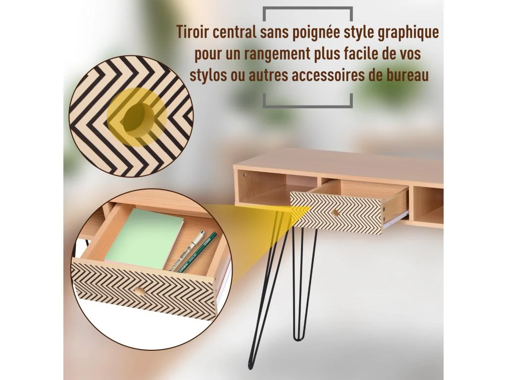 Table D'appoint Console Design Scandinave Graphique Dim. 100L X 35l X 75H Cm 2 Niches Tiroir Pieds Effilés Acier Noir Panneaux Particules Chêne – Image 5