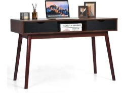 Bureau D'ordinateur, Bureau Pc 120 Cm, Avec 2 Tiroirs Et Compartiment De Rangement Ouvert
