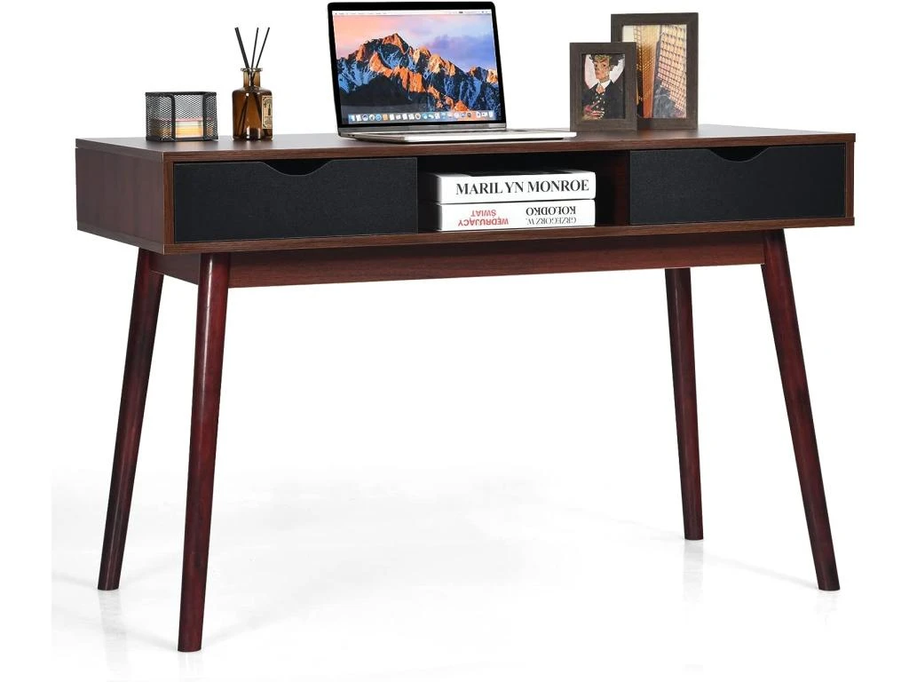 Bureau D'ordinateur, Bureau Pc 120 Cm, Avec 2 Tiroirs Et Compartiment De Rangement Ouvert