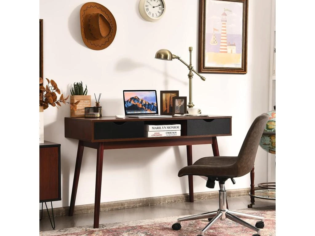 Bureau D'ordinateur, Bureau Pc 120 Cm, Avec 2 Tiroirs Et Compartiment De Rangement Ouvert – Image 2