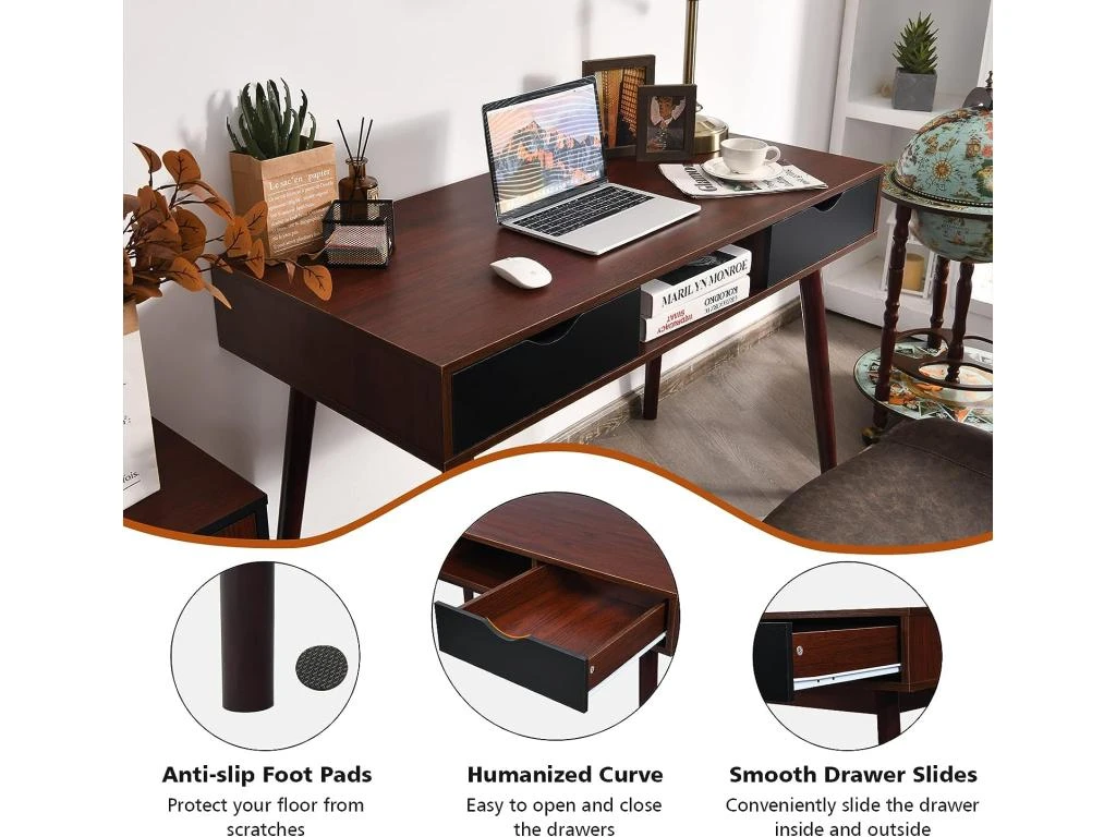 Bureau D'ordinateur, Bureau Pc 120 Cm, Avec 2 Tiroirs Et Compartiment De Rangement Ouvert – Image 3