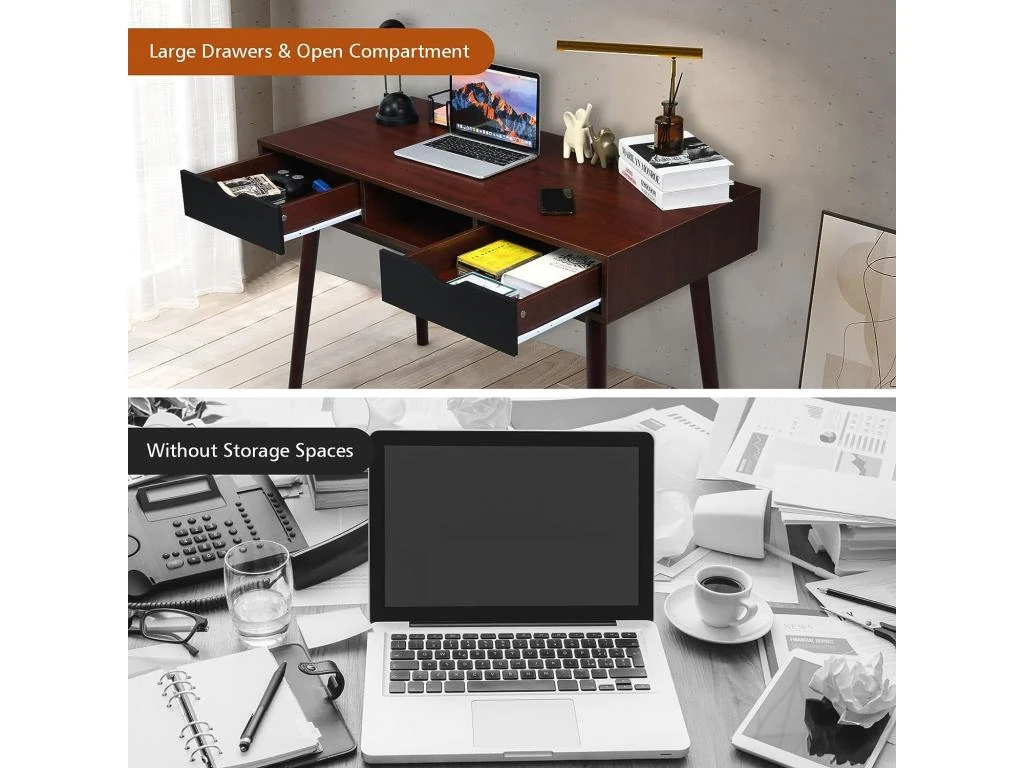 Bureau D'ordinateur, Bureau Pc 120 Cm, Avec 2 Tiroirs Et Compartiment De Rangement Ouvert – Image 4