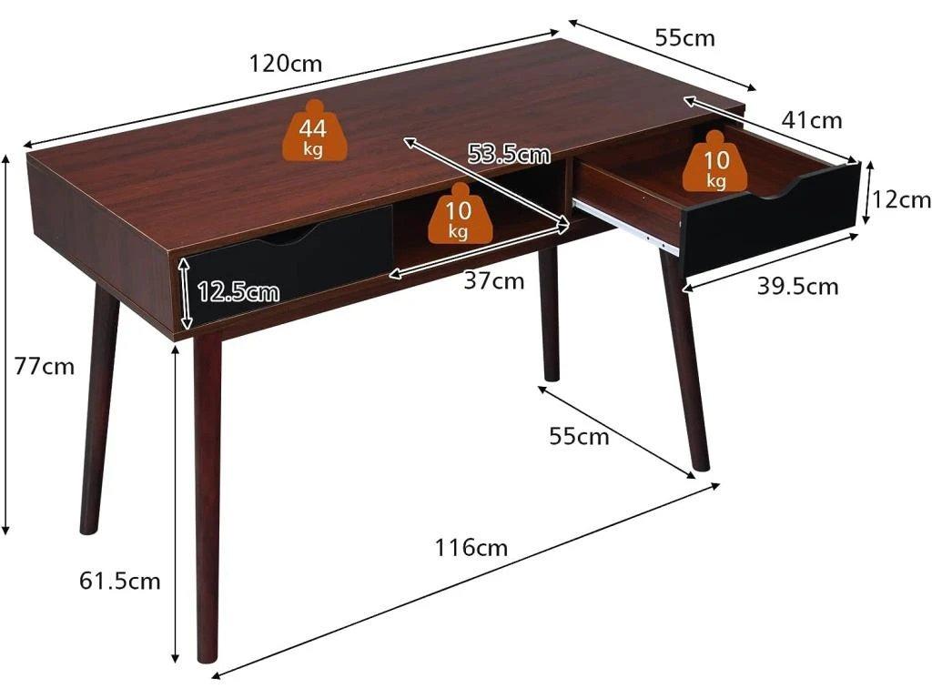 Bureau D'ordinateur, Bureau Pc 120 Cm, Avec 2 Tiroirs Et Compartiment De Rangement Ouvert – Image 5