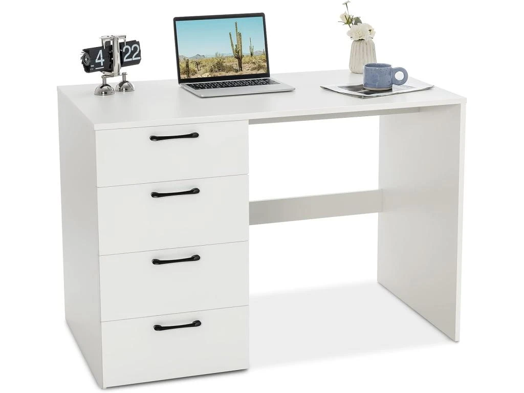 Bureau Droit Avec 4 Tiroirs MDF Finition Mélaminé - L110 X P60 X H76 Cm- Brillance Blanche