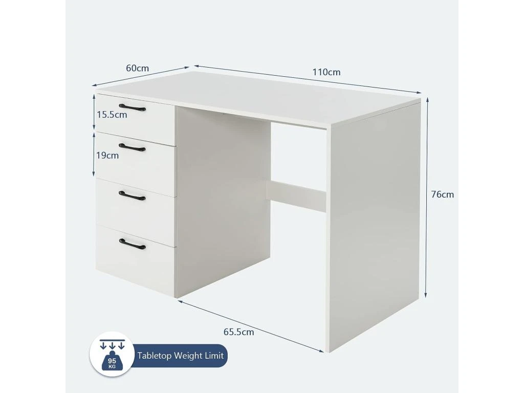 Bureau Droit Avec 4 Tiroirs MDF Finition Mélaminé - L110 X P60 X H76 Cm- Brillance Blanche – Image 2