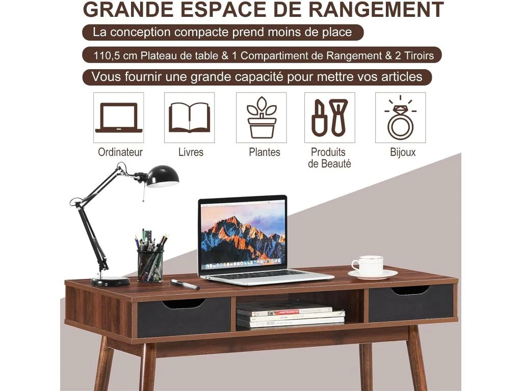 Bureau D'ordinateur Avec 2 Tiroirs De Rangement, Table D'ordinateur Portable Moderne – Image 3