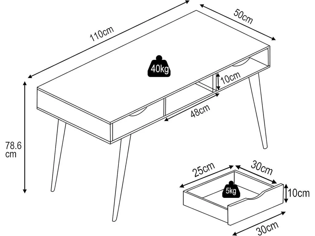 Bureau D'ordinateur Avec 2 Tiroirs De Rangement, Table D'ordinateur Portable Moderne – Image 5