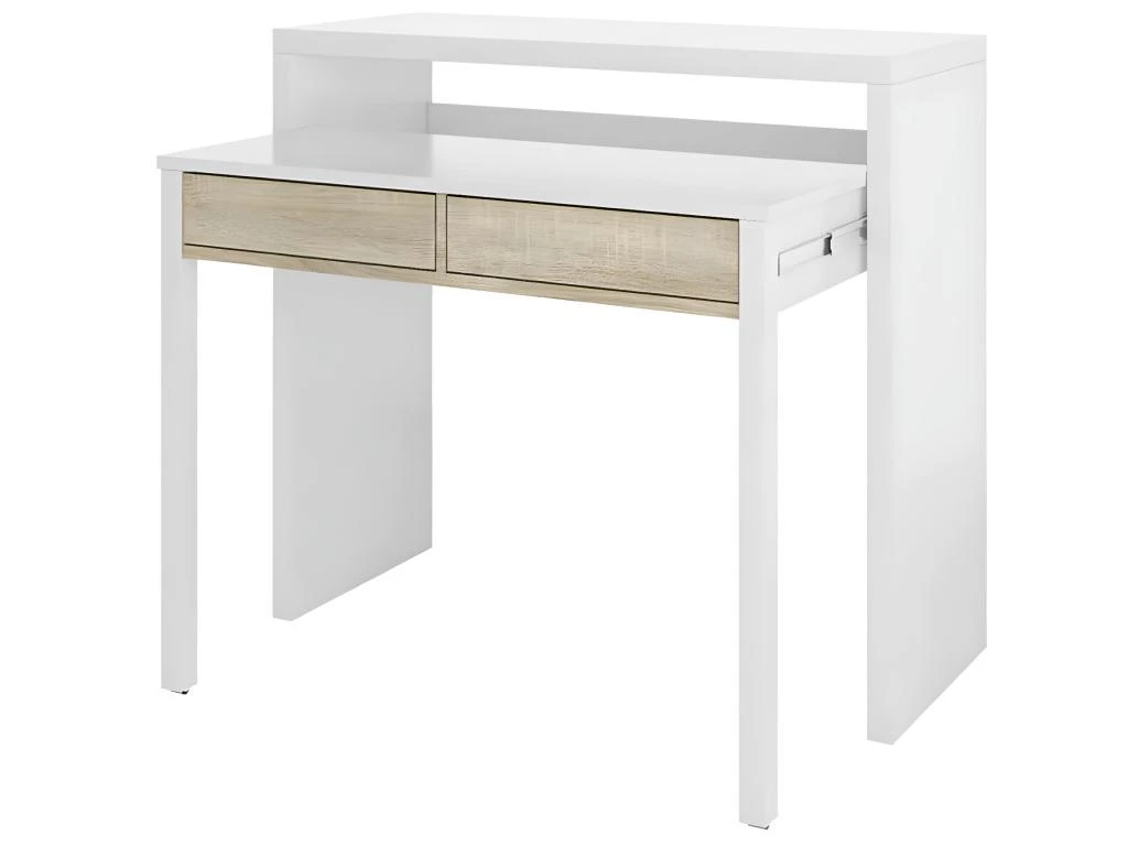 Table Console Billings, Bureau Avec Plateau Extensible, Bureau PC Avec 2 Tiroirs, 99x36h88 Cm, Blanc Et Chêne