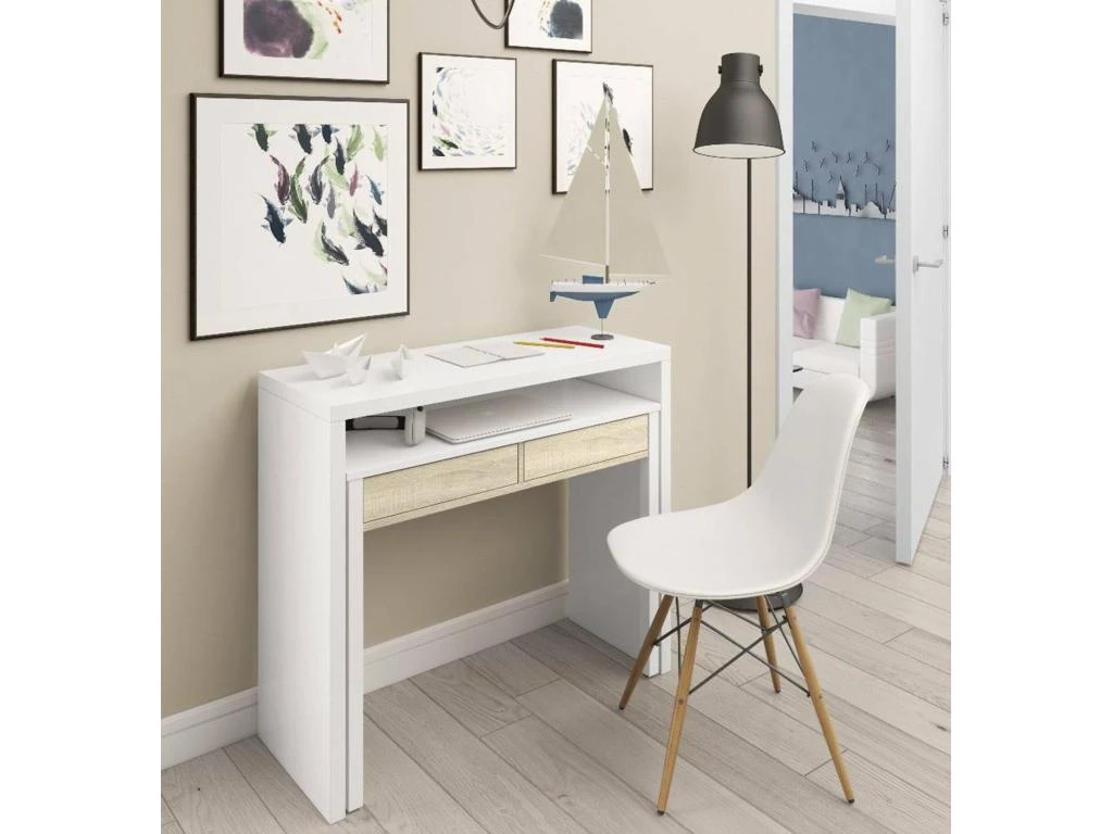 Table Console Billings, Bureau Avec Plateau Extensible, Bureau PC Avec 2 Tiroirs, 99x36h88 Cm, Blanc Et Chêne – Image 2