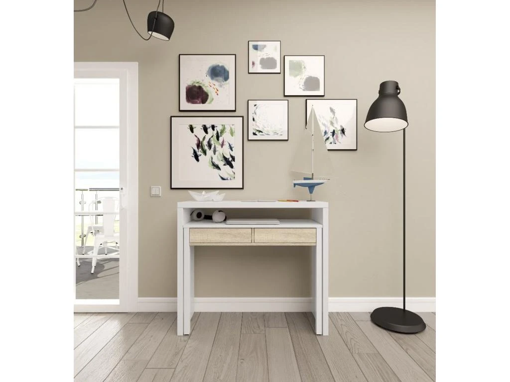 Table Console Billings, Bureau Avec Plateau Extensible, Bureau PC Avec 2 Tiroirs, 99x36h88 Cm, Blanc Et Chêne – Image 3