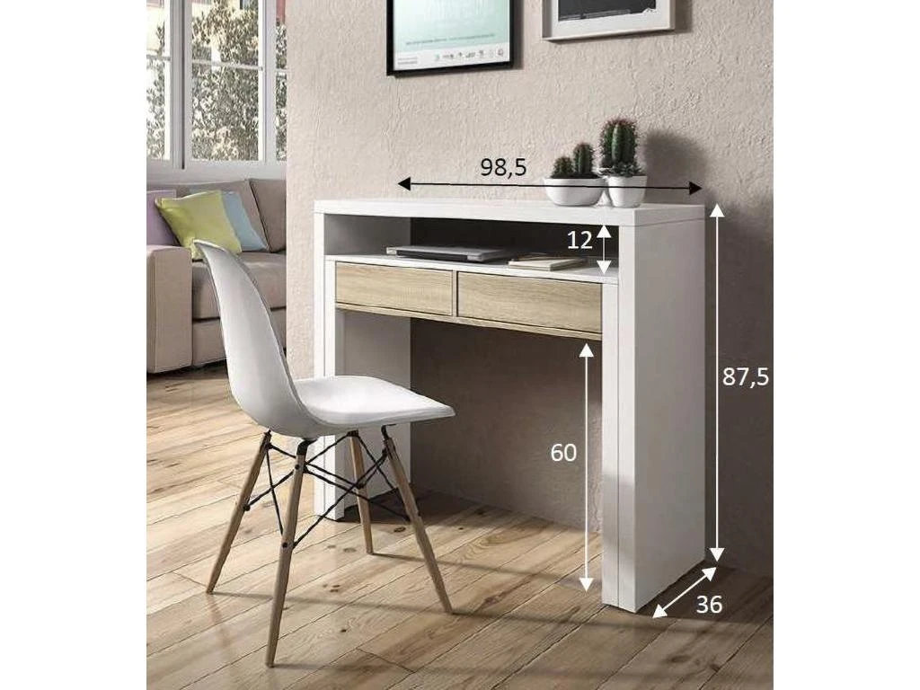 Table Console Billings, Bureau Avec Plateau Extensible, Bureau PC Avec 2 Tiroirs, 99x36h88 Cm, Blanc Et Chêne – Image 5