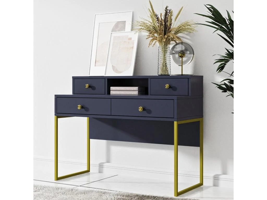 Bureau Console Avec 4 Tiroirs Collection DOUGLAS Coloris Bleu Et Doré – Image 2