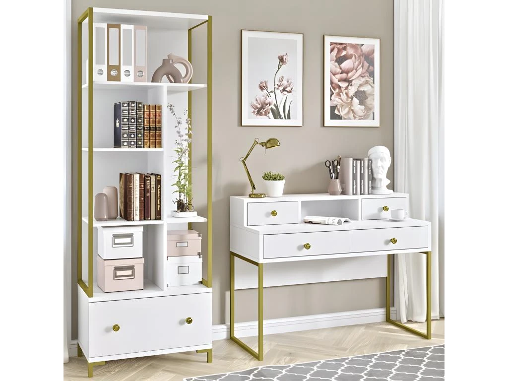 Bureau Console Avec 4 Tiroirs Collection DOUGLAS Coloris Blanc Et Doré – Image 5