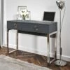 Bureau Console Avec 2 Tiroirs Collection MELTON Coloris Gris, Pieds En Fer Chromés.