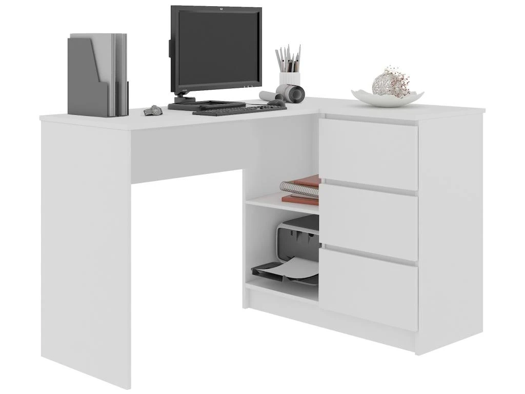 SUNDAR - Bureau Informatique D'angle - 124x85x77cm - 3 Tiroirs + 2 Grandes Niches - Table D'ordinateur Multi-rangements
