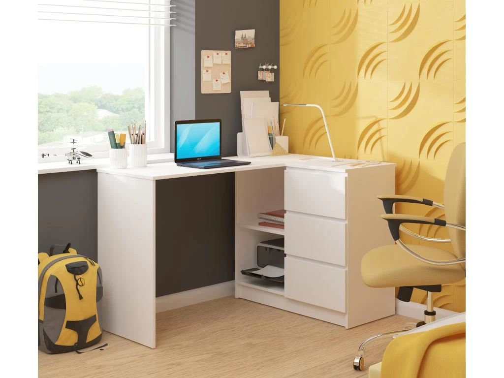 SUNDAR - Bureau Informatique D'angle - 124x85x77cm - 3 Tiroirs + 2 Grandes Niches - Table D'ordinateur Multi-rangements – Image 2