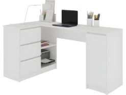 BALAUR | Bureau Informatique D'angle Moderne 155x85x77 Cm | 3 Tiroirs + Grandes Niches | Table Ordinateur Multi-rangements