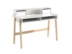 BODHI WHITE - Bureau 2 Tiroirs + Niches Blanc Et Bois