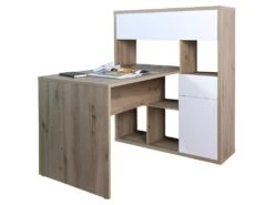 Bureau D'angle Avec Rangements Finition Chêne Et Blanc Laqué - ETHEL