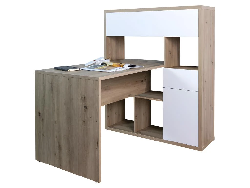 Bureau D'angle Avec Rangements Finition Chêne Et Blanc Laqué - ETHEL