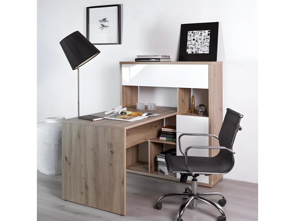 Bureau D'angle Avec Rangements Finition Chêne Et Blanc Laqué - ETHEL – Image 2