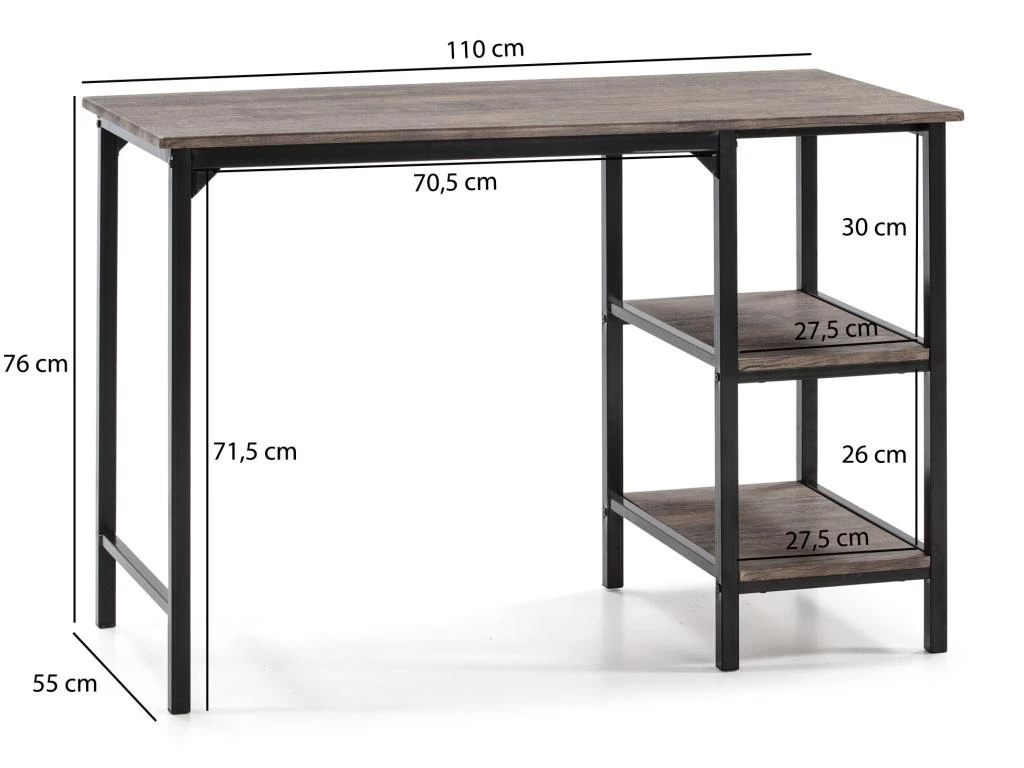 Bureau Colón Noir,Table Pour PC, 2 Rayons, Style Industriel, 110 Cm Longueur – Image 2