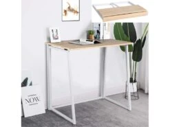 Bureau Pliable Imitation Chêne Et Métal Blanc Style Industriel
