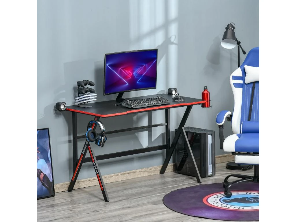 HOMCOM Bureau Gaming Racing Bureau Gamer Bureau Informatique Bracket Supports Casque Enceintes Porte-gobelet Métal Plateau MDF Texture Carbone Rouge Noir
