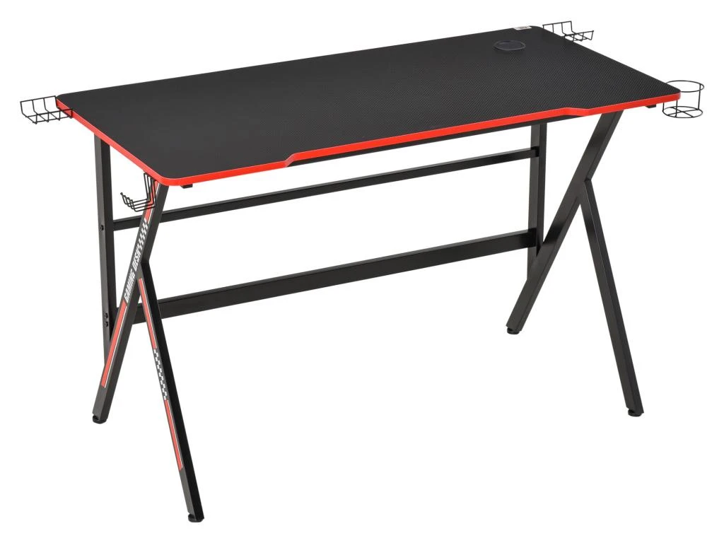 HOMCOM Bureau Gaming Racing Bureau Gamer Bureau Informatique Bracket Supports Casque Enceintes Porte-gobelet Métal Plateau MDF Texture Carbone Rouge Noir – Image 2