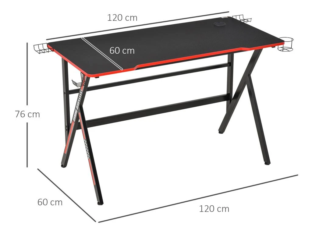 HOMCOM Bureau Gaming Racing Bureau Gamer Bureau Informatique Bracket Supports Casque Enceintes Porte-gobelet Métal Plateau MDF Texture Carbone Rouge Noir – Image 3