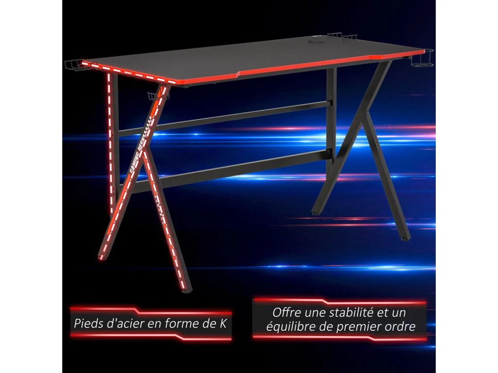 HOMCOM Bureau Gaming Racing Bureau Gamer Bureau Informatique Bracket Supports Casque Enceintes Porte-gobelet Métal Plateau MDF Texture Carbone Rouge Noir – Image 4