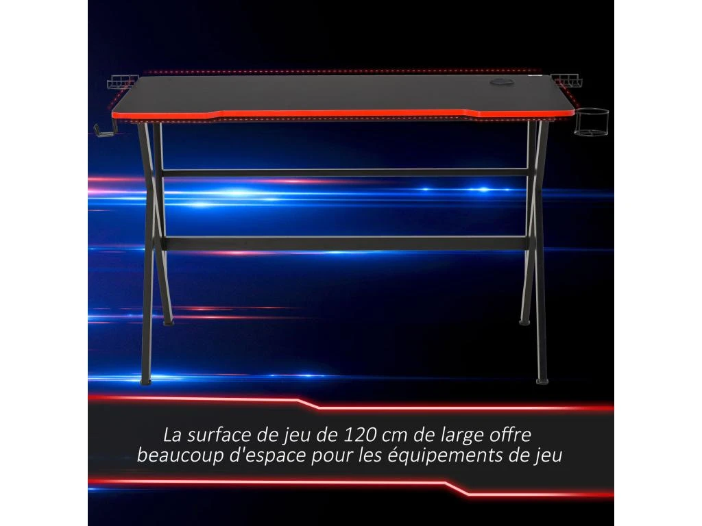 HOMCOM Bureau Gaming Racing Bureau Gamer Bureau Informatique Bracket Supports Casque Enceintes Porte-gobelet Métal Plateau MDF Texture Carbone Rouge Noir – Image 5