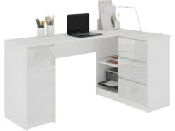 BALAUR | Bureau Informatique D'angle Moderne 155x85x77cm | 3 Tiroirs Gloss + Grandes Niches | Table Ordinateur Multi-rangements