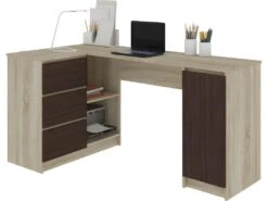 BALAUR | Bureau Informatique D'angle Style Moderne 155x85x77 Cm | 3 Tiroirs + Grandes Niches | Table Ordinateur Multi-rangements