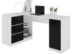 BALAUR | Bureau Informatique D'angle Contemporain 155x85x77cm | 3 Tiroirs Gloss | Table Ordinateur Multi-rangements