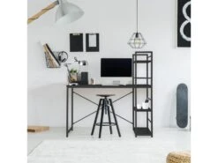 Table De Bureau Pour PC Avec Bibliothèque Bois Noir Métal Moderne