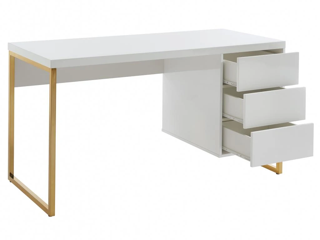 Bureau Avec 3 Tiroirs - MDF Laqué Et Métal - Blanc Et Doré - TIMFIA De Pascal Morabito – Image 4