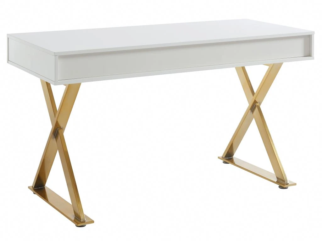 Bureau Avec 2 Tiroirs - MDF Laqué Et Métal - Blanc Et Doré - PLEISA De Pascal Morabito – Image 3
