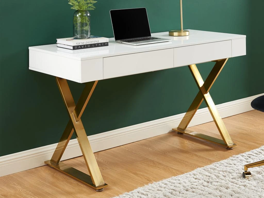 Bureau Avec 2 Tiroirs - MDF Laqué Et Métal - Blanc Et Doré - PLEISA De Pascal Morabito – Image 2