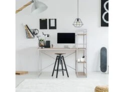 Table Bureau PC Avec Bibliothèque Blanc Beige Bois Métal Moderne